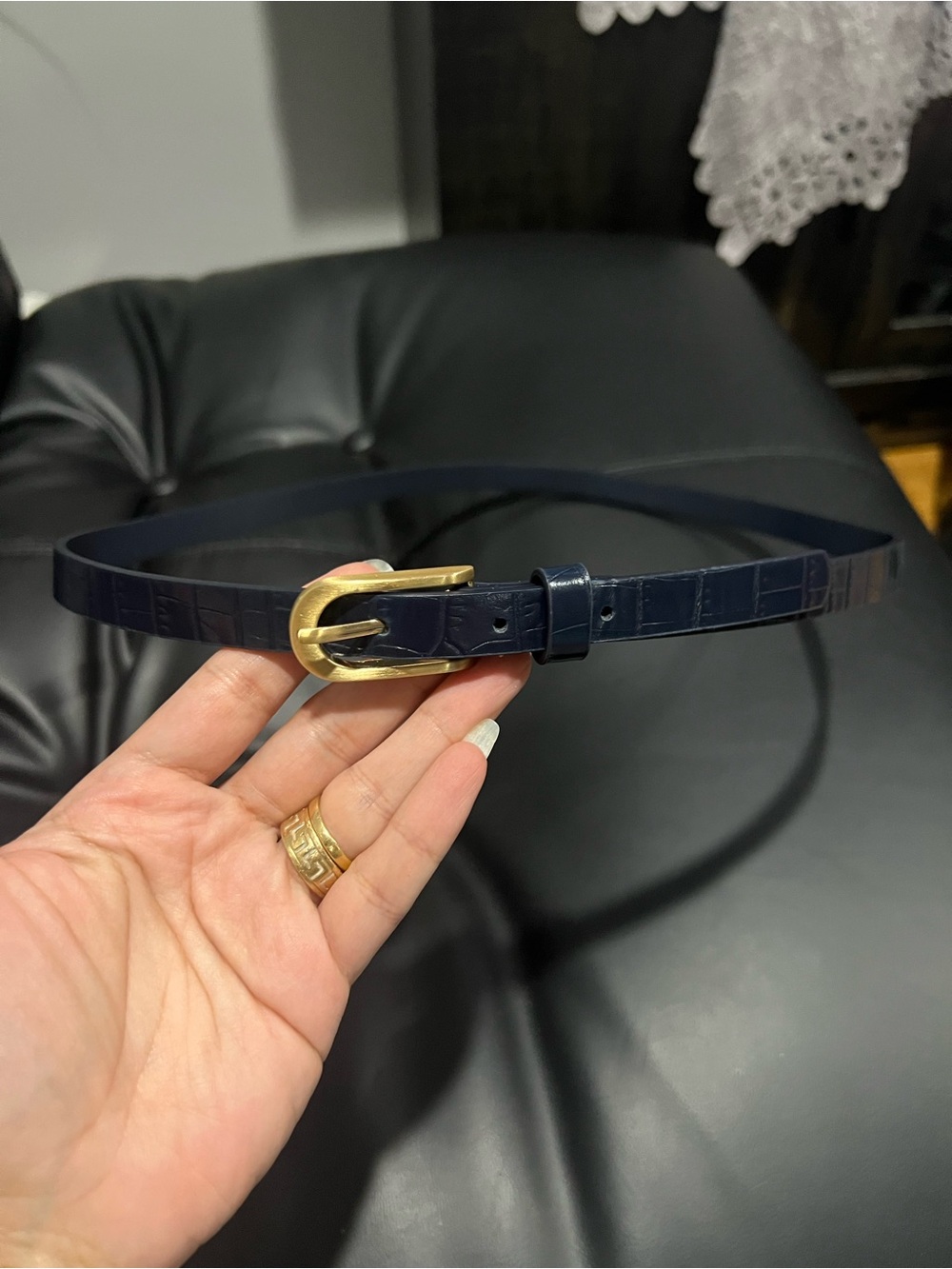 Classic Navy Croc-Embossed Leather Belt with Gold Buckle